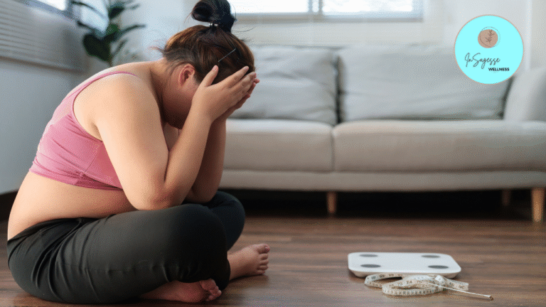 Person sitting on the floor looking stressed beside a scale and tape measure, reflecting on their wellness journey with support from a Wellness Coach.