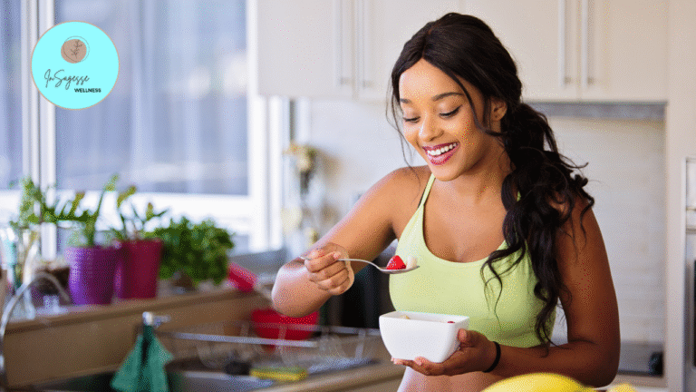 Woman enjoying a healthy berry snack guided by a Wellness Coach.