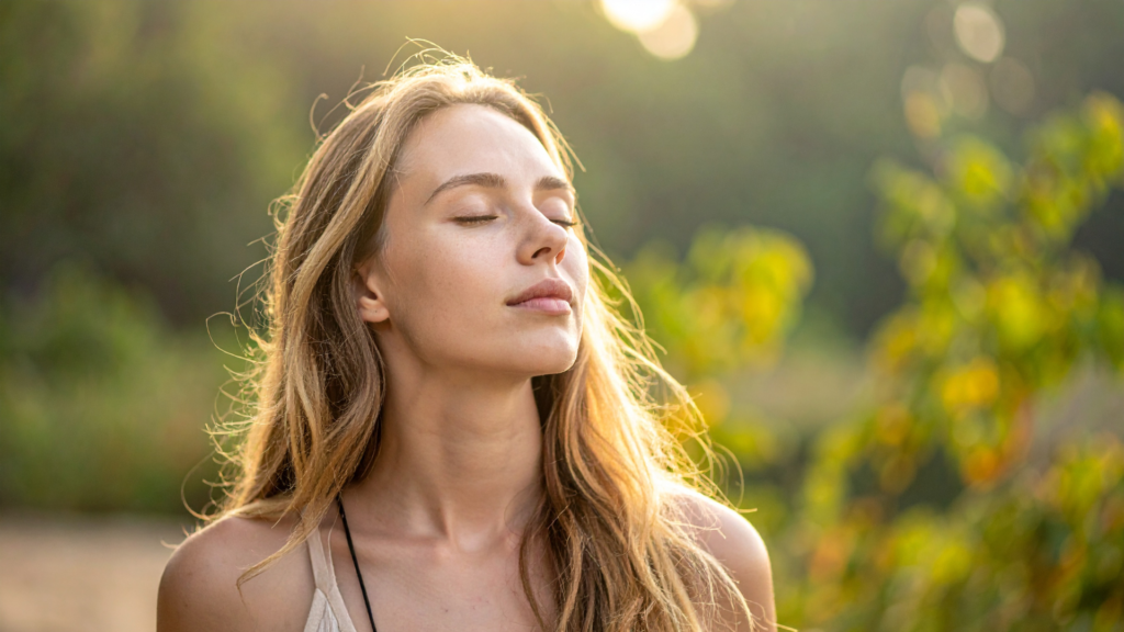 Portrait of a young woman with long light brown hair, eyes closed, basking in warm sunlight outdoors with a blurred green background.