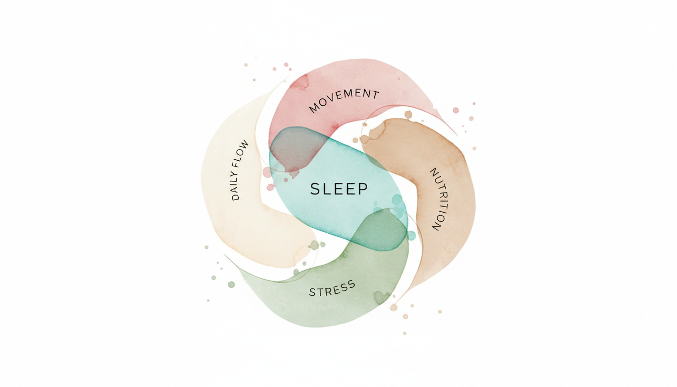 Infographic-like illustration showing a circular cycle around sleep with segments labeled Movement, Nutrition, Stress, Daily Flow, emphasizing overall balance for sleep health.
