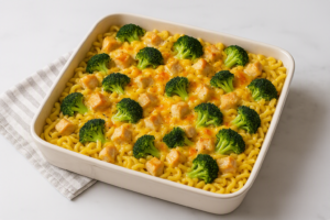 Creamy macaroni and broccoli with chunks of chicken in a cheesy sauce in a white baking dish.
