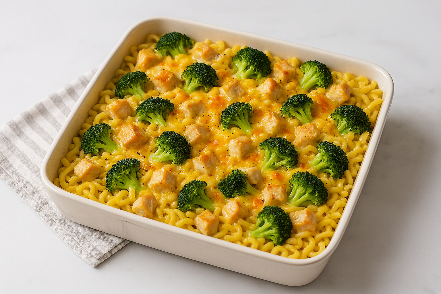 Creamy macaroni and broccoli with chunks of chicken in a cheesy sauce in a white baking dish.