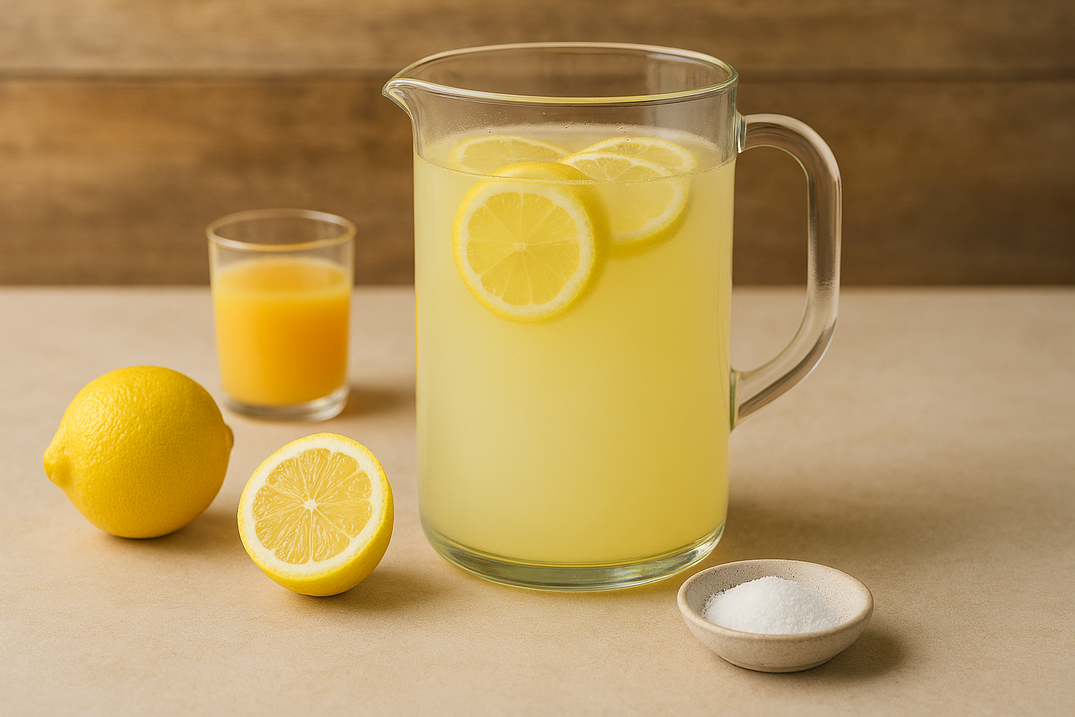 Pitcher of lemonade with lemon slices, a whole lemon, a halved lemon, a glass of juice, and a small bowl of sugar on a beige tabletop.