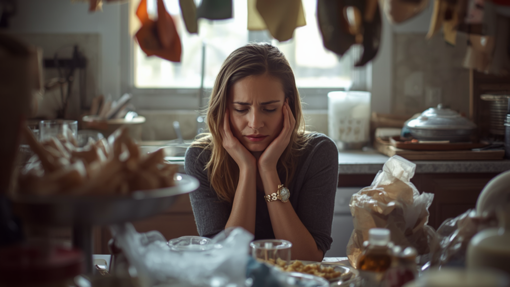Woman sits at a cluttered kitchen table, hands pressed to her cheeks, looking stressed amid wrappers and bags.