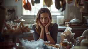 Woman sits at a cluttered kitchen table, hands pressed to her cheeks, looking stressed amid wrappers and bags.