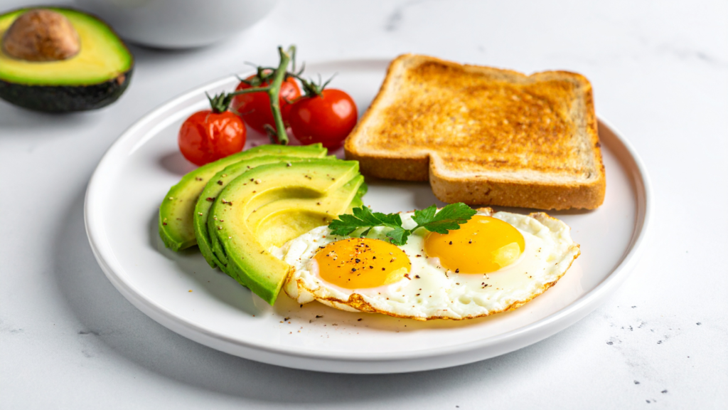 Breakfast plate with avocado slices, cherry tomatoes, toast, and two sunny-side-up eggs on a white plate.