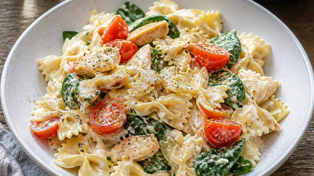 Creamy bow-tie pasta with chicken, cherry tomatoes, spinach, and herbs in a light sauce.