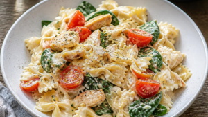Creamy bow-tie pasta with chicken, cherry tomatoes, spinach, and herbs in a light sauce.